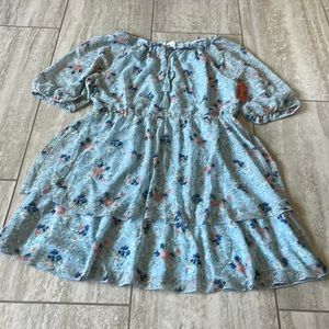 Bailey Blue,Large,blue in floral design sheered round neck,dress for Juniors